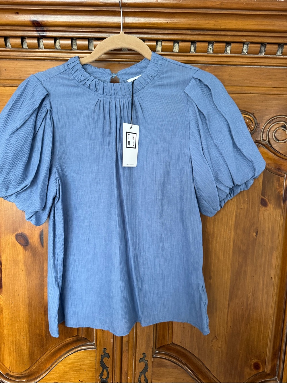 THML Slate Blue Ruffle Neck Puff Sleeve Top
